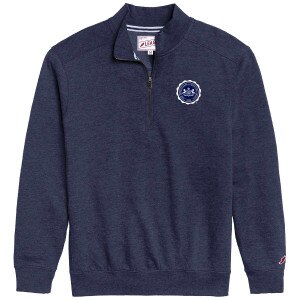 heather navy 1/4 zip with Pennsylvania State University Seal on left chest